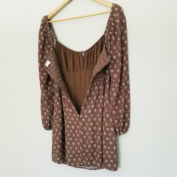 Aritzia Sunday Best Delilah Floral Long Sleeve Mini Dress M Brown Ditsy Milkmaid - Picture 13 of 16